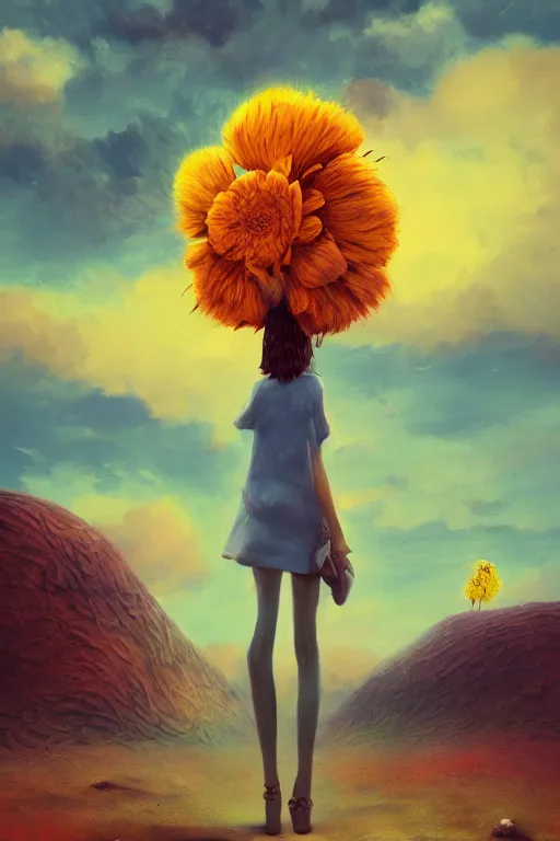 Image similar to closeup, giant flower head, girl in desert, surreal photography, wind and cold, dramatic sky, impressionist painting, digital painting, artstation, simon stalenhag