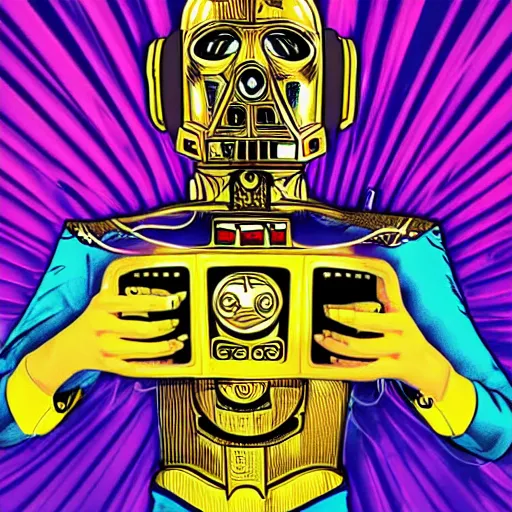 Image similar to artgerm, psychedelic laughing c 3 p 0, rocking out, headphones dj rave, digital artwork, r. crumb, svg vector