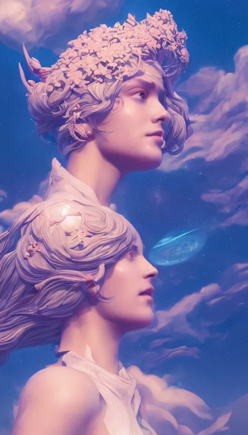 Image similar to a beautiful goddesses, profile, planets, sky, dream, highly detailed, digital painting, refreshing, trending on artstation, octane render, hyper realistic, illustration by james jean
