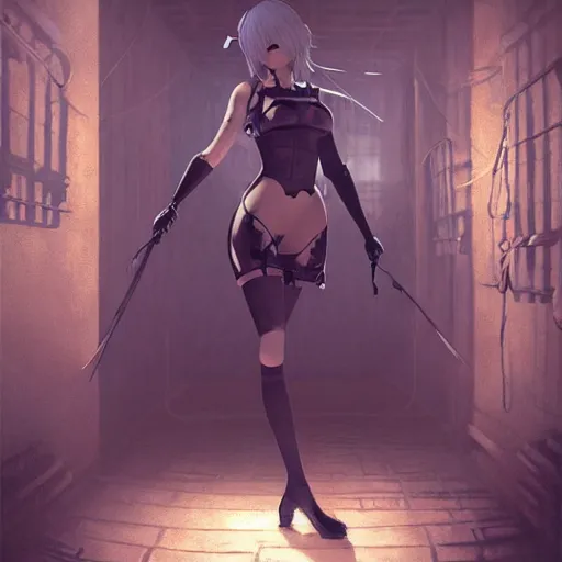 Prompt: a painting of 2 b nier automata tied up in a dungeon, full view, popular on artstation, artstationhd, artstationhq 8 k, volumetric lighting, trending on artstation, artstationhd, artstationhq, ultra detailed, detailed face, by artgerm and james gurney, greg rutkowski