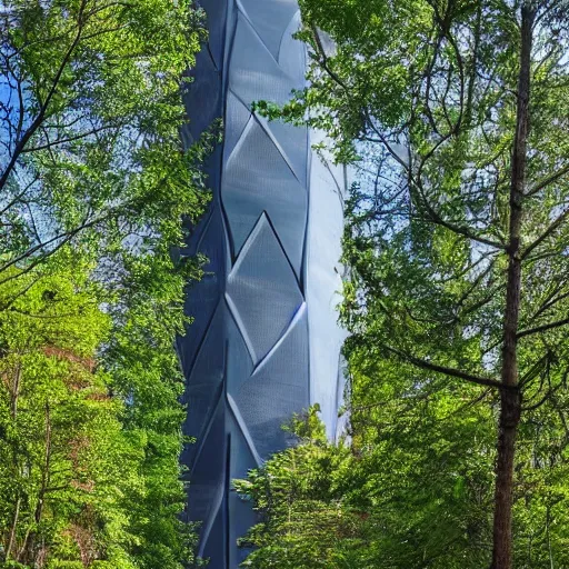 Image similar to a huge futuristic tower in the middle of a calm forest