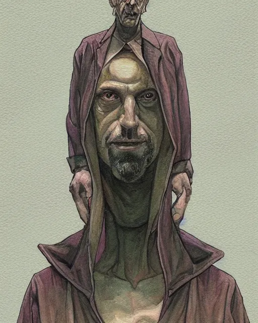 Image similar to a oil / watercolor painting full body character portrait of a psychology blasphemer in the style of moebius in the style of leonard boyarsky trending on artstation deviantart pinterest detailed realistic hd 8 k high resolution
