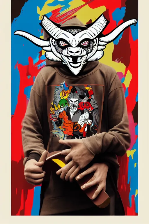 Image similar to guy wearing oni mask and bring skateboard. pop art, no duplicate image, without duplicating image, ultra details, digital painting, artstation, concept art, smooth, sharp focus, illustration, intricate details, art by richard hamilton and mimmo rottela, pixels art by kirokaze and paul robertson