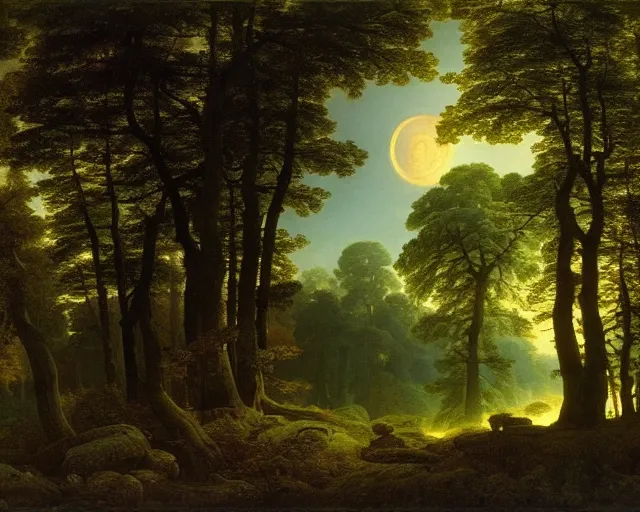 Image similar to forest landscape in the moonlight by georg eduard otto, caspar david friedrich, sebastian pether, giovanni grubacs, detailed