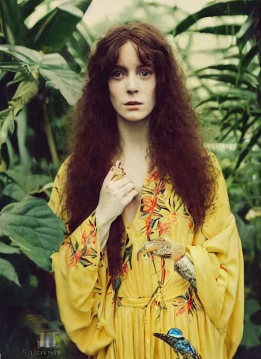 Image similar to Pre - raphaelit grainy head to shoulder portrait Polaroid film photograph of an elegant top model wearing a yellow kimono with a very detailed barn owl on her shoulder!!! in a tropical greenhouse. looking at the camera!!. super resolution. Extremely detailed. Polaroid 600 film.