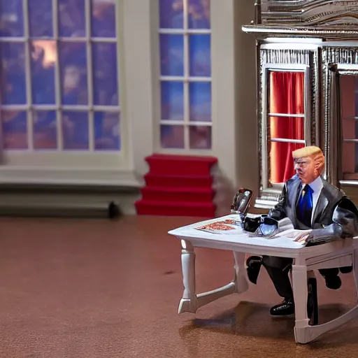 Image similar to a detailed photo of donald trump as an action figure toy in whitehouse diorama, macro photography, zoom, table