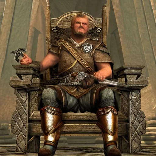 Image similar to Alexander Lukashenko as a Jarl in The Elder Scrolls V: Skyrim sitting on his throne in a slumped pose