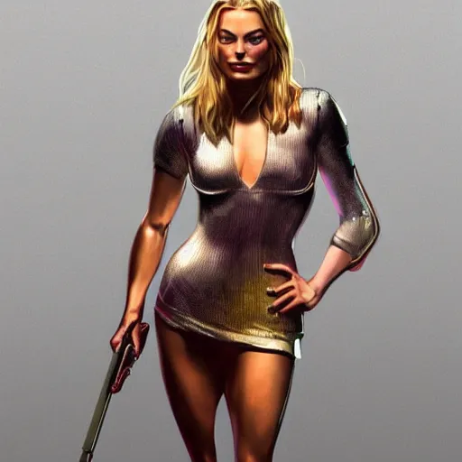 Image similar to Margot Robbie wearing a disco suit as a grand theft auto 5 loading screen, athletic , gorgeous, muscular, intricate, highly detailed, digital painting, artstation, concept art, sharp focus, illustration, art by greg rutkowski and alphonse mucha