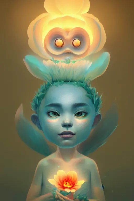 Image similar to super cute Bioluminescent Flower deity character concept, single head, no double head, soft light, soft mood, realistic body features and face, illustration, painting oil on canvas by Elena Zhurikhina and Goro Fujita and Charlie Bowater, octane render trending on artstation, 4k, 8k, HD