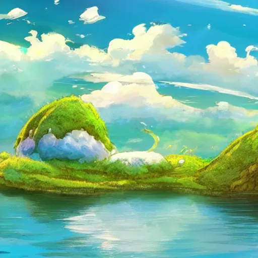 Prompt: placid fluffly floating island scene, wonderland of drifting floating islands, amazing dreamscape, unbelievable beauty of this pleasant afternoon, drifting high in the sky, islands with little vegetation, floating islands, trending on pixiv, cute and fun