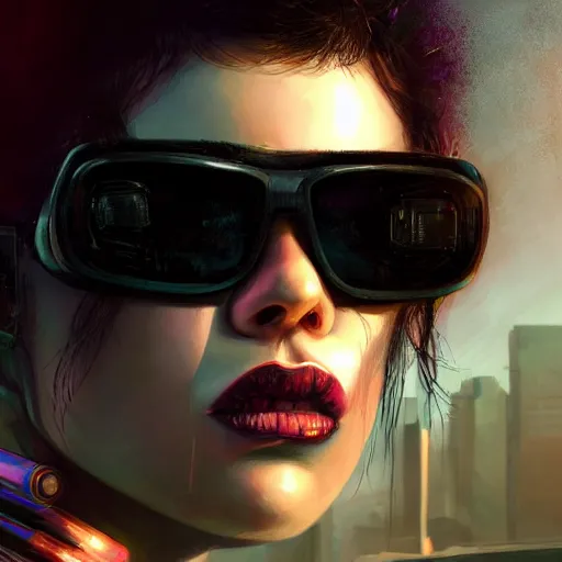 Prompt: molly millions, closeup portrait of a young beautiful female cyberpunk mercenary with sunglasses, black hair in a rough shag, sunset, neuromancer, street samurai, cyberpunk city background, megacity, gorgeous view, depth, painted by seb mckinnon, high detail, digital art, painted by greg rutkowski, trending on artstation