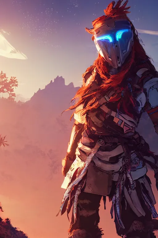 Image similar to combination suit armor aloy horizon forbidden west horizon zero dawn radiating a glowing aura global illumination ray tracing hdr fanart arstation by ian pesty and alena aenami artworks in 4 k tribal robot ninja mask helmet backpack