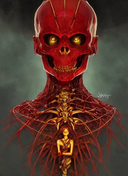 Image similar to A red Skeleton, golden crown, male, fantasy, extremely detailed, digital painting, artstation, concept art, smooth, sharp focus, illustration, stunning lighting, art by artgerm and greg rutkowski and alphonse mucha and simon stalenhag, realistic character concept, high fantasy, dark atmosphere, golden ratio, cinematic lighting, hyperdetailed, high resolution, insanely detailed and intricate, artstation, Marc Simonetti, Greg Rutkowski, 8k