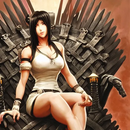 Image similar to a painting of tifa from final fantasy 7, in kings landing from game of thrones, sitting majestic on the iron throne, by greg rutkowski, artgerm, wlop, ruan jia, krenz cushart, alphonse mucha, marble, gold, unreal engine 5