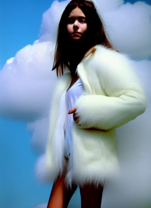 Image similar to realistic photo portrait of the common female student wearing white shorts, dressed in white long fur coat, face is hidden, there is a cloud in the middle 1 9 9 0, life magazine photo