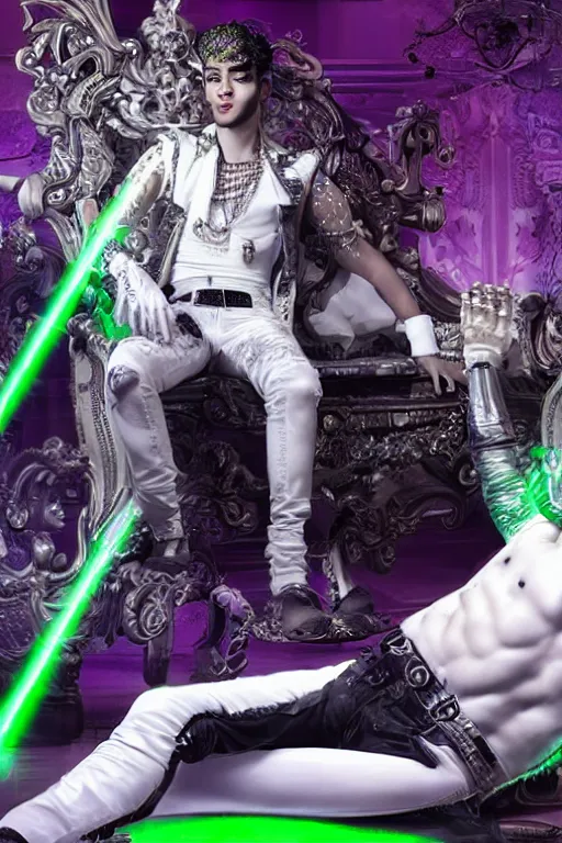 Prompt: full-body rococo and cyberpunk style neon statue of a muscular attractive Zayn Malik macho dotado e rico android sim roupa reclining con las piernas abertas e la piroca dura, glowing white lasers, glowing eyes, silver prince crown, silver steampunk gears, white diamonds, swirling mint-colored silk fabric. futuristic elements. black dripping tar. full-length view. space robots. human skulls. intricate artwork by caravaggio. Trending on artstation, octane render, cinematic lighting from the right, hyper realism, octane render, 8k, depth of field, 3D