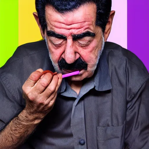 Image similar to saddam hussain eating crayons, realistic, award winning, photography,