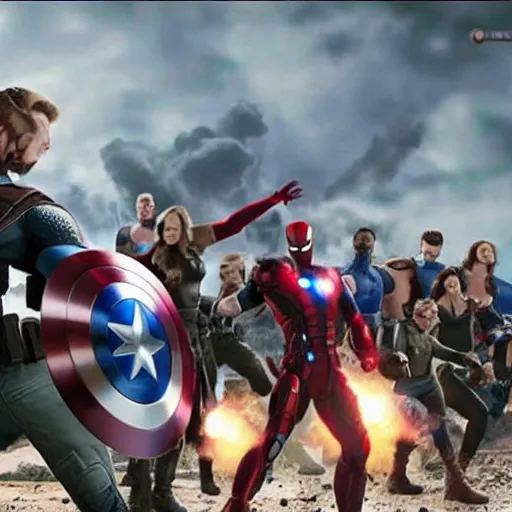 Image similar to Marvel's Avengers fight in World War II, hyper realistic, 4k, 8k, cinematik