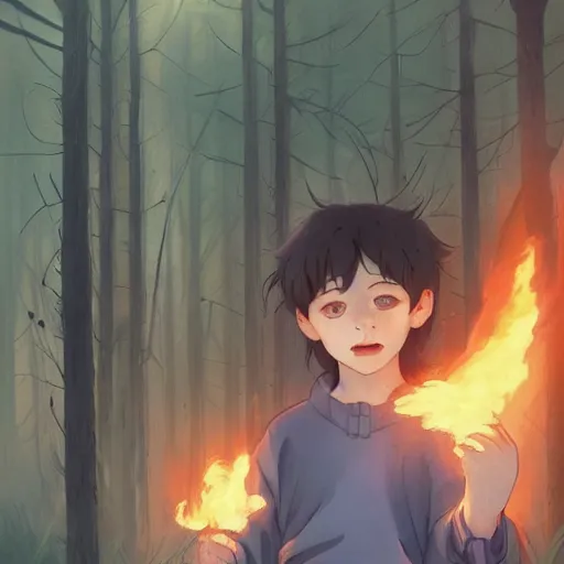 Image similar to a child with grey skin with blues and short brown hair, holding fire in hands, forest background, highly detailed, digital painting, artstation, matte, by makoto shinkai, animation style, studio ghibli, anime key visual