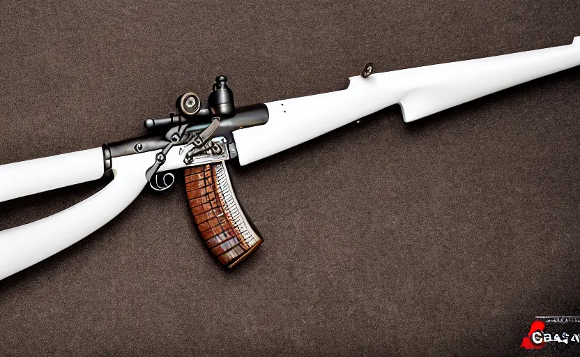 Prompt: Product photo of a muzzleloaded flintlock AK47 rifle from the site grabAgun, gunbroker, white background, firearms photography, professional gunsmithing, top down photo, gun auction, 4k. high quality, gun art reference, postapocalyptic