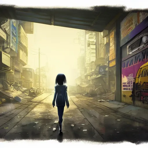 Image similar to incredible wide screenshot, ultrawide, simple watercolor, rough paper texture, ghost in the shell movie scene, backlit distant shot of girl in a parka running from a giant robot invasion side view, yellow parasol in deserted dusty shinjuku junk town, broken vending machines, bold graphic graffiti, old pawn shop, bright sun bleached ground, mud, fog, dust, windy, scary robot monster lurks in the background, ghost mask, teeth, animatronic, black smoke, pale beige sky, junk tv, texture, brown mud, dust, tangled overhead wires, telephone pole, dusty, dry, pencil marks, genius party,shinjuku, koji morimoto, katsuya terada, masamune shirow, tatsuyuki tanaka hd, 4k, remaster, dynamic camera angle, deep 3 point perspective, fish eye, dynamic scene