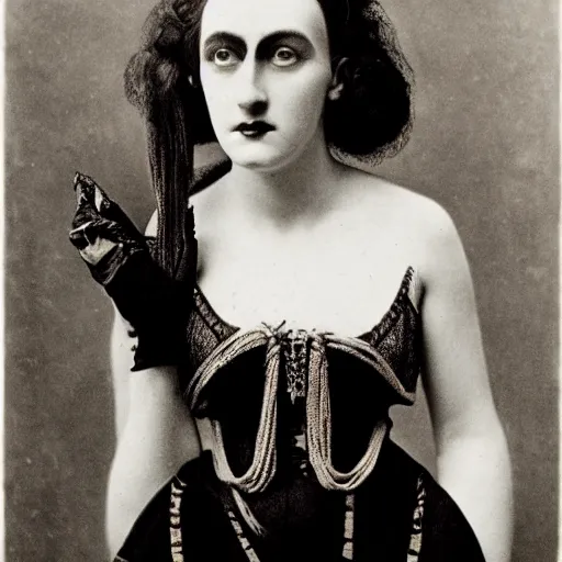 Image similar to photograph of a lilith wearing 1 8 9 0's fashion, looking at the camera, aesthetic, elaborate, intricate, highly detailed, detailed face, photorealism, smooth, sharp focus, rim light, art by man ray,