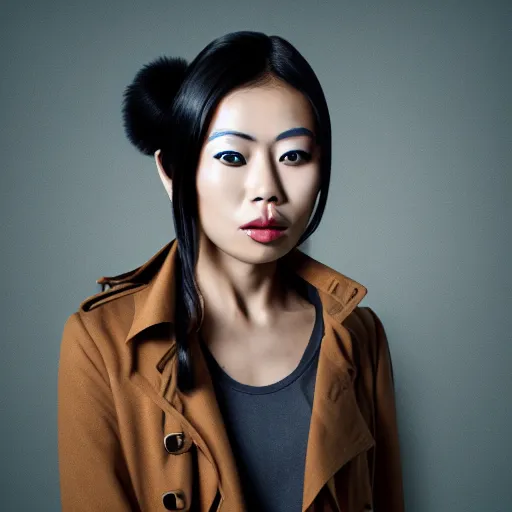 Prompt: photograph of an asian woman thirty years old with burn scars all over her neck and nose wearing a trench coat, steampunk background, portrait, 4 k, hd, art station trending, sharp and highly detailed