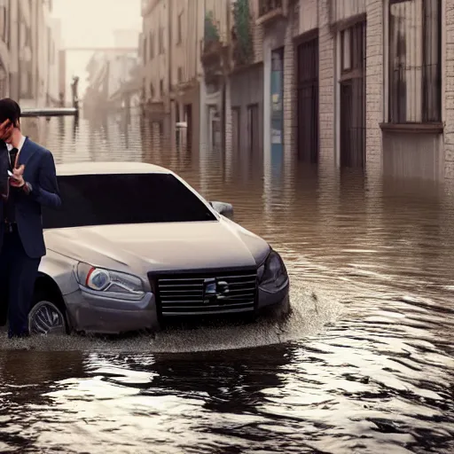 Image similar to a man in suit sitting on the top of a car in a flooded street, looking at his phone, trending on Artstation, 8k, photorealistic, hyper detailed, unreal engine 5, IMAX quality