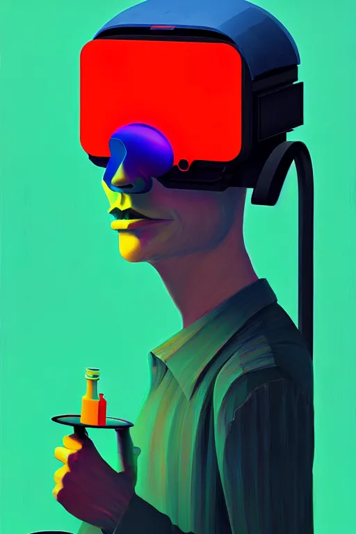 Prompt: trashcan hacker wearing oculus and digital glitch head edward hopper and james gilleard zdzislaw beksisnski higly detailed