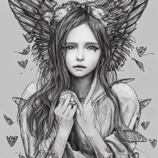 Image similar to portrait of a grungy fairy girl, wearing a hoodie and sweatpants, symmetrical wings, wings made of pizza, basic white background, symmetrical, watercolor, pen and ink, intricate line drawings, by Yoshitaka Amano, Ruan Jia, Kentaro Miura, Artgerm, detailed, trending on artstation, hd, masterpiece,