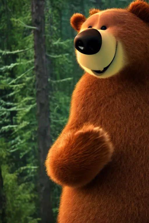 Prompt: cinematic shot of a cute anthropomorphic bear standing in the forest with his hands on his waist by greg rutowski and his face by pixar with a warm smile and big green eyes,, 8 k, masterpiece