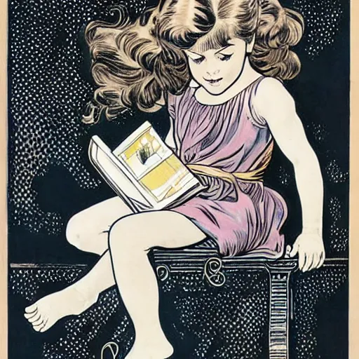 Prompt: a little girl with a mischievous face and short light brown curly wavy hair and blue eyes. she is reading a book. well composed, clean elegant painting, beautiful detailed face. by steve ditko and jack kirby and alphonse mucha