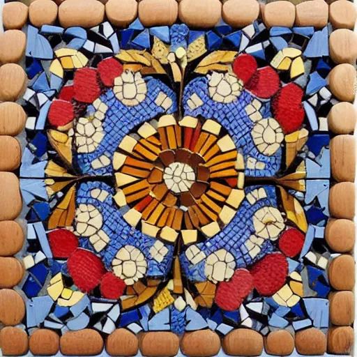 Prompt: zoomed wooden carved mosaic made from flowers from around the world, each tile is a different flower, rich colors