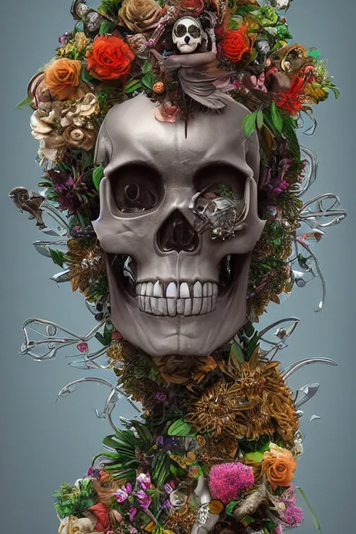 Image similar to zoom in 3 d render of cyborg skull made of flowers holding birds, ornaments, mucha vibe, dieselpunk, solarpunk, artstation, andrei riabovitchev