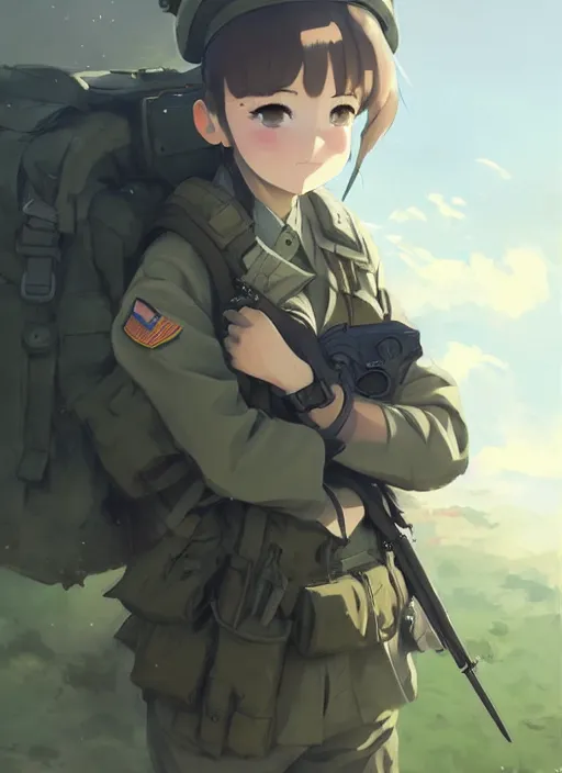 Image similar to portrait of cute soldier girl, cloudy sky background lush landscape illustration concept art anime key visual trending pixiv fanbox by wlop and greg rutkowski and makoto shinkai and studio ghibli and kyoto animation soldier clothing military gear realistic anatomy mechanized