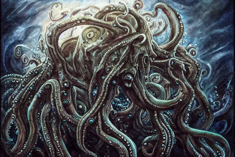 Image similar to old god eldritch horror terrifying the deep abyss of the ocean floor, epic scene, underwater photography, hyper - detailed, gigantic cthulhu, swarm of tentacles, dark art, watercolor paint, epic composition