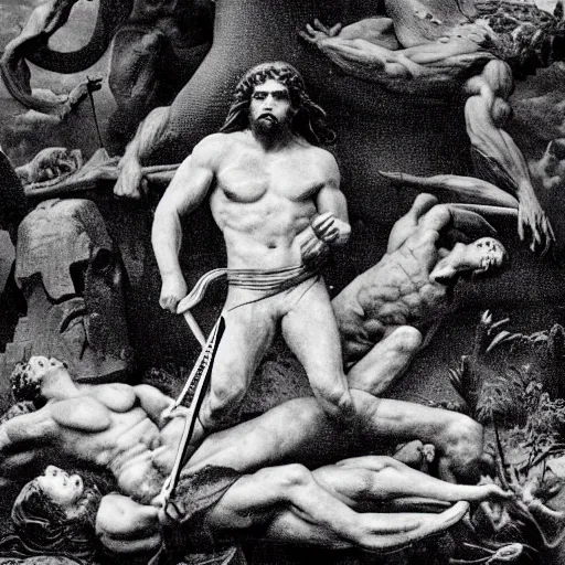 Image similar to The land art depicts the mythical hero Hercules in the moments after he has completed one of his twelve labors, the killing of the Hydra. Hercules is shown standing over the dead Hydra, his body covered in blood and his right hand still clutching the sword that slew the beast. His face is expressionless, betraying neither the exhaustion nor the triumph that must surely accompany such a feat. double exposure by Mikalojus Konstantinas Ciurlionis, by Filip Hodas distorted