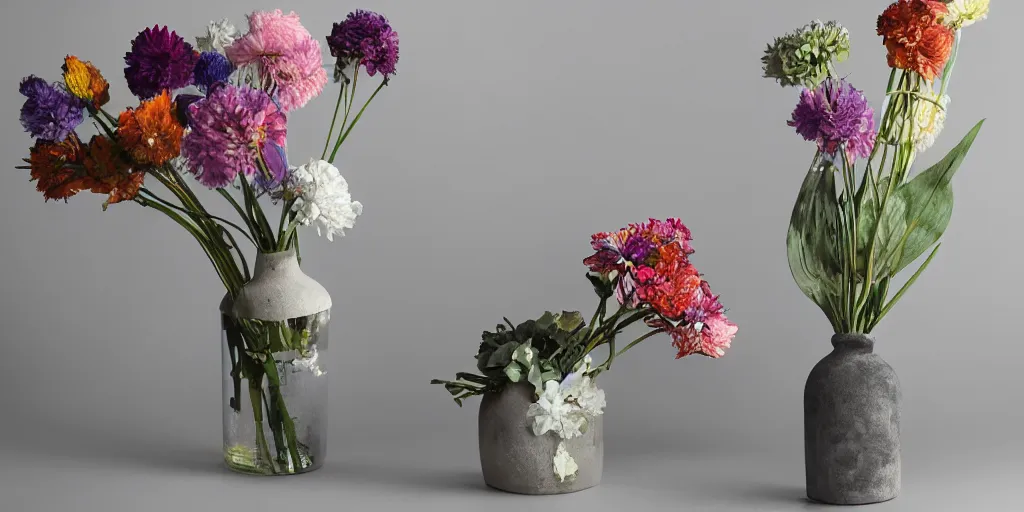 Prompt: i dream of a vase flowers, modern, studio, metal flowers sculpture, studio light