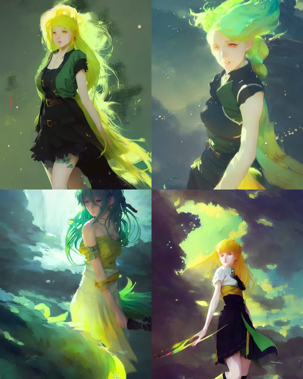 Prompt: a girl with yellow - green hair and black skirt, fantasy background, a beautiful half body illustration, top lighting, perfect shadow, soft painting, reduce saturation, leaning towards watercolor, art by hidari and krenz cushart and wenjun lin
