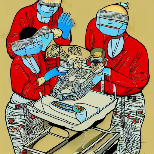 Image similar to chinese surgeons operating on a body on an operating table, in the style of daniel johnston and outsider art, 8k, line brush, minimal, overlaid with chinese adverts, acid
