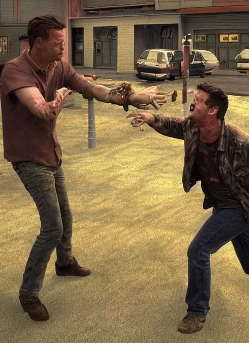 Prompt: a scene from friends where joey and chandler fight zombies, face enhance, realistic, shaun of the dead, izombie, ultra detailed, octane render, lovecraftian, horror, dead space, the walking dead