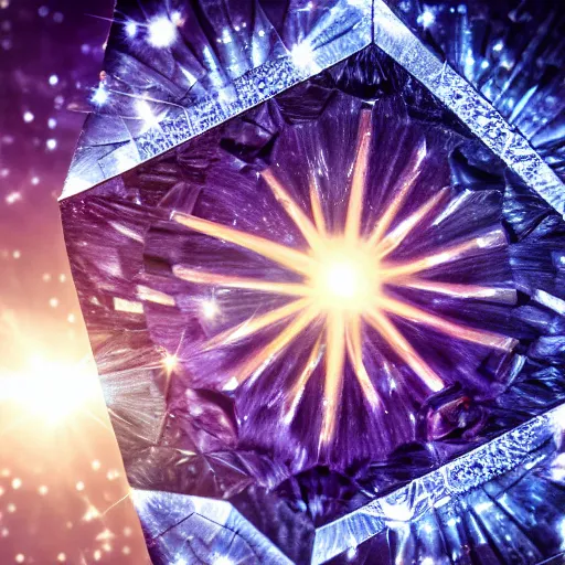 Image similar to a hyper detailed close up photograph of a diamond, sun in the background