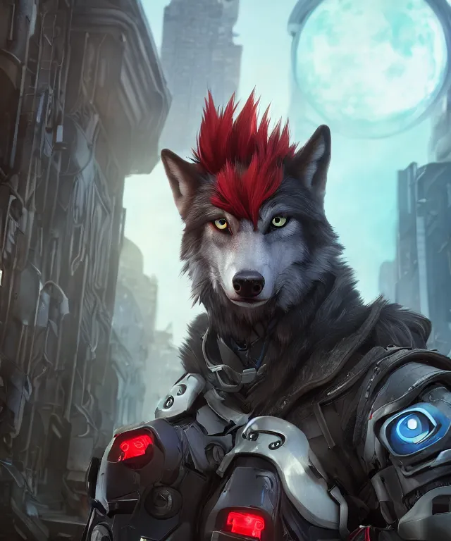 Image similar to portrait of a male anthropomorphic dark gray wolf with red hair and blue eyes in a futuristic city, hyper detailed, digital art, trending in artstation, cinematic lighting, studio quality, smooth render, unreal engine 5 rendered, octane rendered, art style by pixar dreamworks warner bros disney riot games and overwatch.