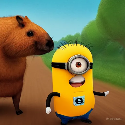 Image similar to a minion riding a capybara, digital art