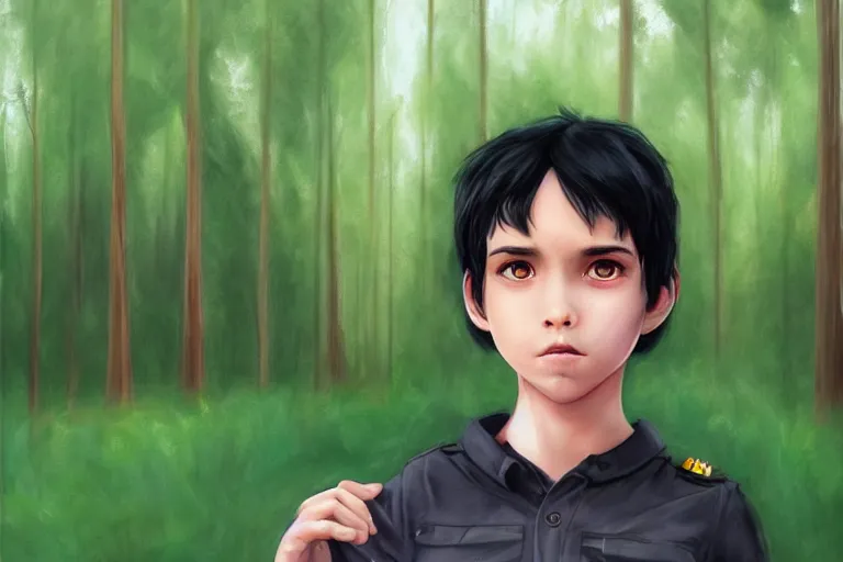 Prompt: a young boy with black hair and green eyes and a highway were standing in a forest by artgerm.