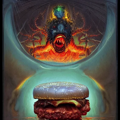 Prompt: photorealistic demonic cheeseburger in the style of michael whelan and gustave dore. hyperdetailed photorealism, 1 0 8 megapixels, amazing depth, glowing rich colors, powerful imagery, psychedelic overtones, 3 d finalrender, 3 d shading, cinematic lighting, artstation concept art