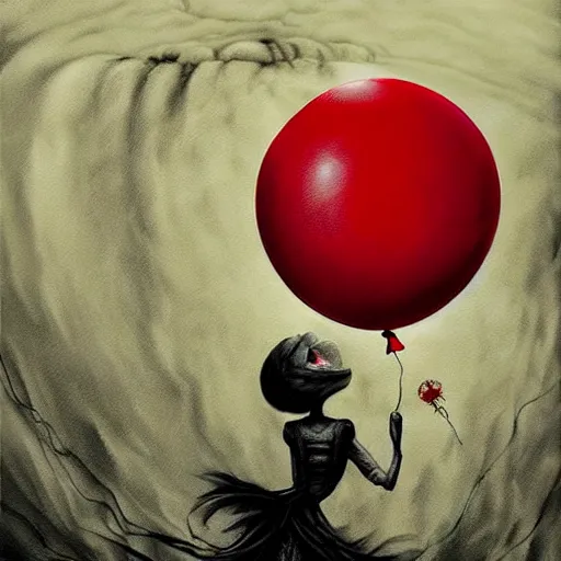 Prompt: grunge painting of a waterfall with a wide smile and a red balloon by chris leib, loony toons style, pennywise style, corpse bride style, creepy lighting, horror theme, detailed, elegant, intricate, conceptual, volumetric light