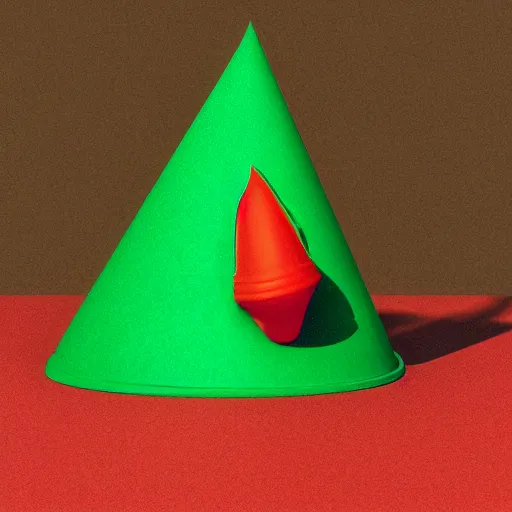 Prompt: a red cone sitting on top of a green cube