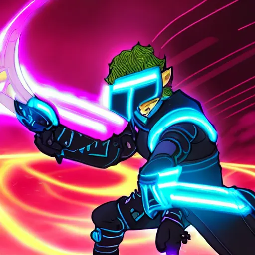 Image similar to Ganondorf in the style of Tron Legacy with glowing neon battle armor, wielding a lage neon fantasy greatsword, tron style city in the background, digital art