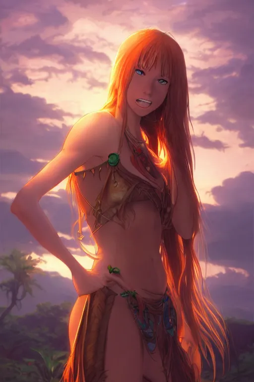 Image similar to long ginger hair, tanned woman in a prehistoric outfit, green eyes, fang necklace, by artgerm, hair tied in a ponytail, white backdrop, soft lighting, night scene, by greg rutkowski makoto shinkai takashi takeuchi